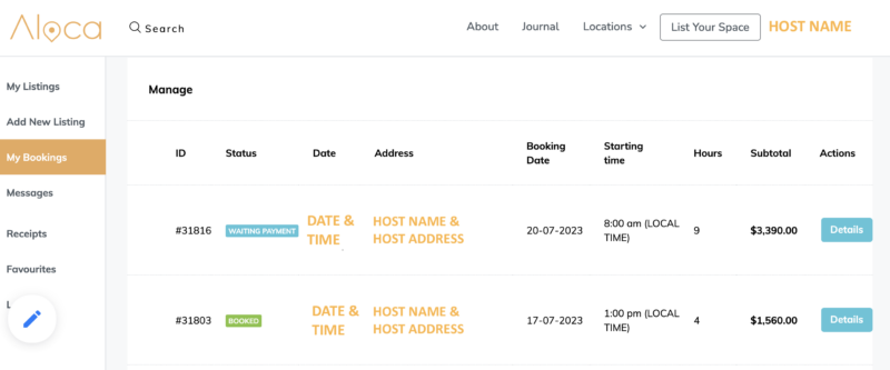 A screenshot of an Aloca host's dashboard showing the 'My Bookings' tab