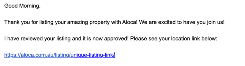 Confirmation screen showing a property is live on Aloca. Aloca Hosting Journey