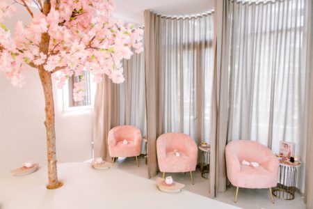 Whimsical Cherry Blossom Tree, Linen Curtains, Indoor Fireplace, LED retail display,