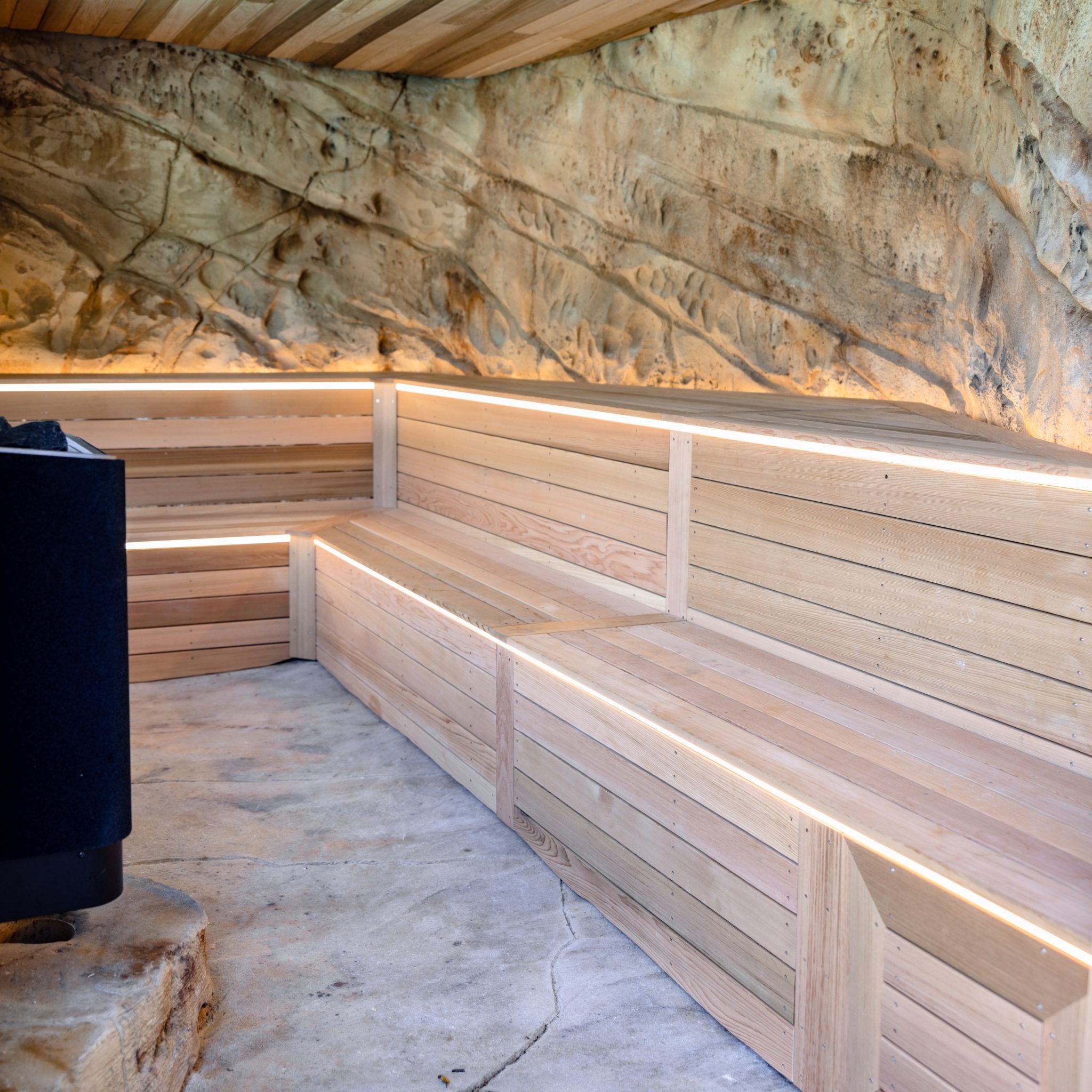 Rock cave sauna & gym space